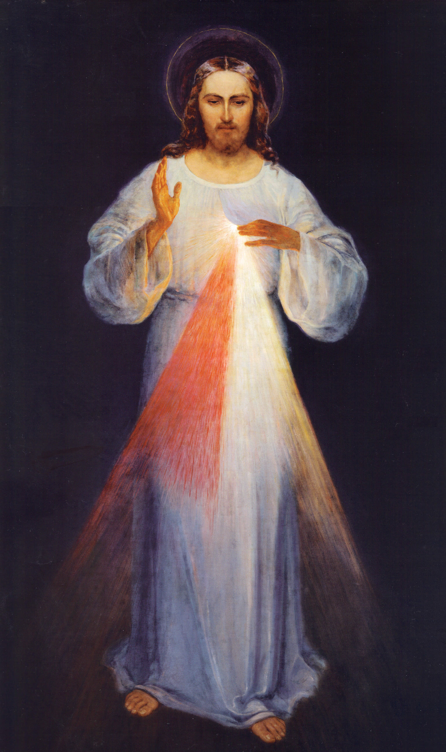 The 1934 Divine Mercy painting by Eugeniusz Kazimirowski, depicting Jesus blessing with red and pale rays extending from his heart